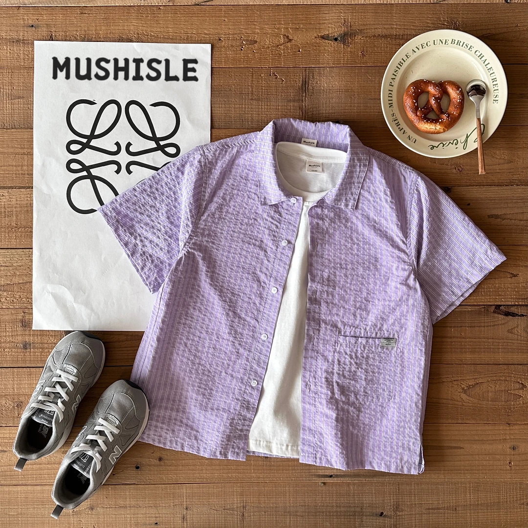 【MUSHISLE】阿又夏季童装儿童男童中大童竖条纹百搭紫色衬衫85076X