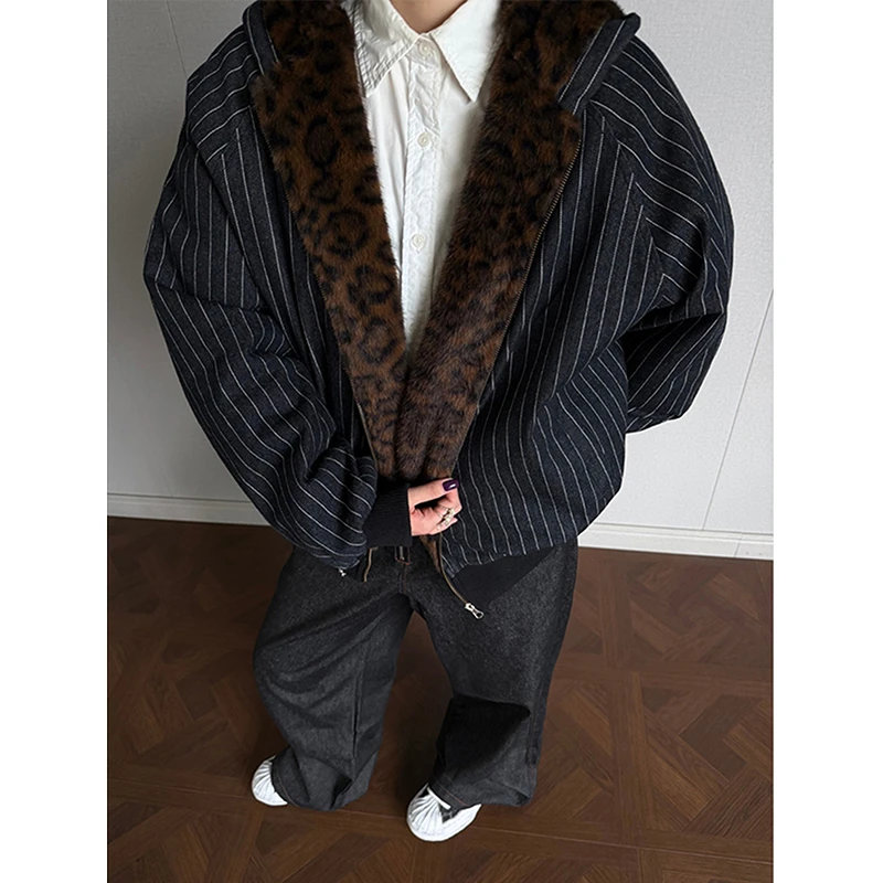 美式黑色条纹豹纹毛绒座山雕连帽棉服男款冬季潮牌百搭保暖外套潮