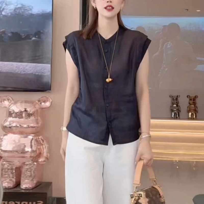 百搭休闲衬衣女2025夏季新款韩版圆领短袖上衣宽松正肩洋气衬衫潮