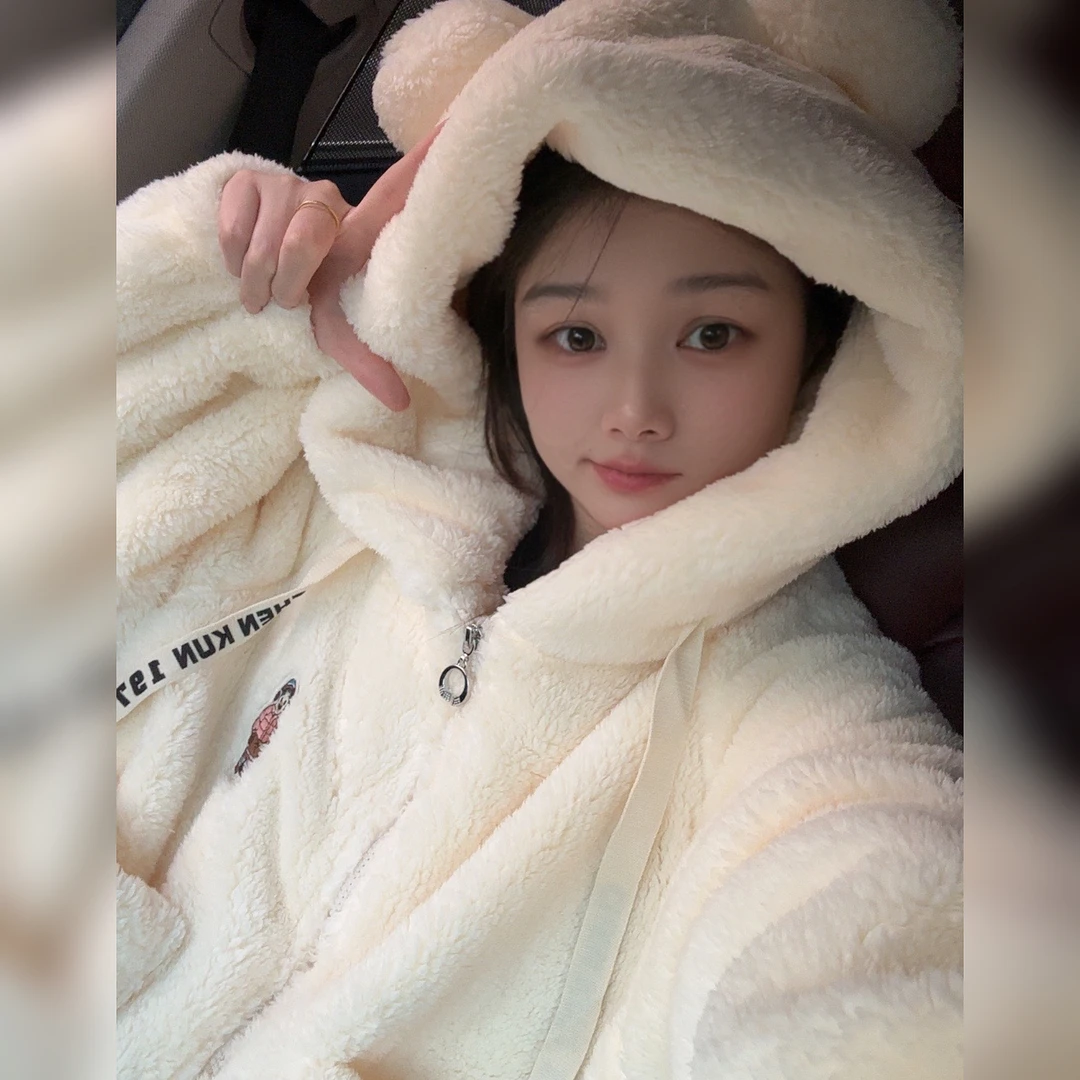 5091 冬季暖炉纯色连帽加绒加厚时尚宽松软糯保暖可外穿家居服
