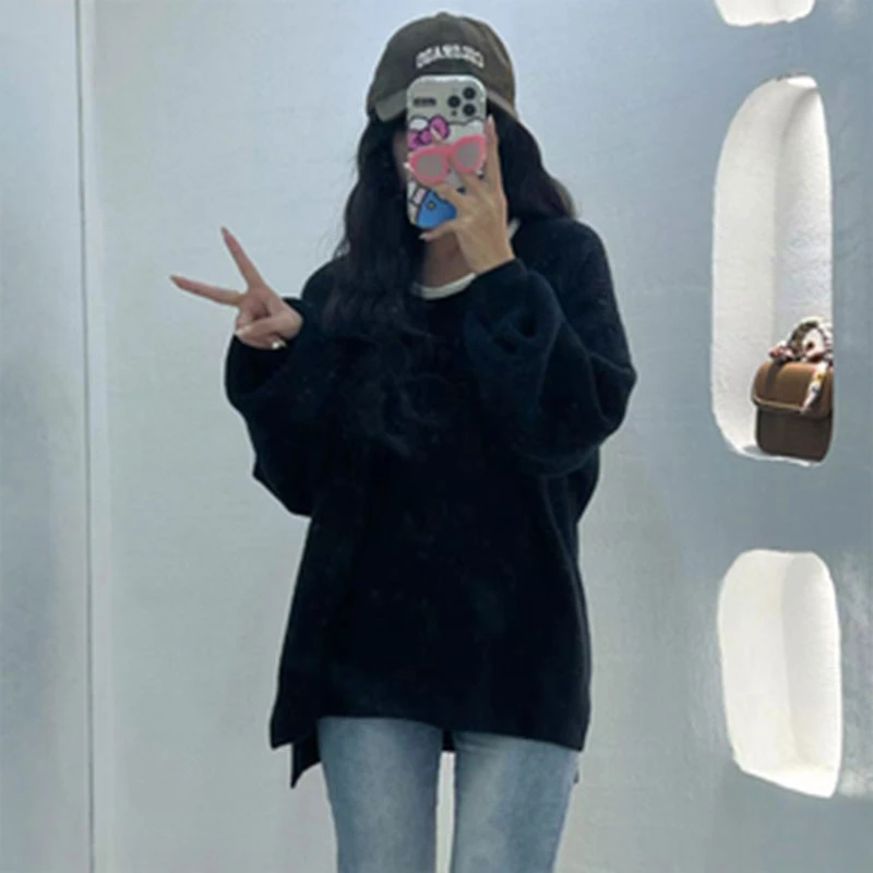 A JD97206：圆领毛衣女新款宽松加厚中长款慵懒风套头外套针织衫