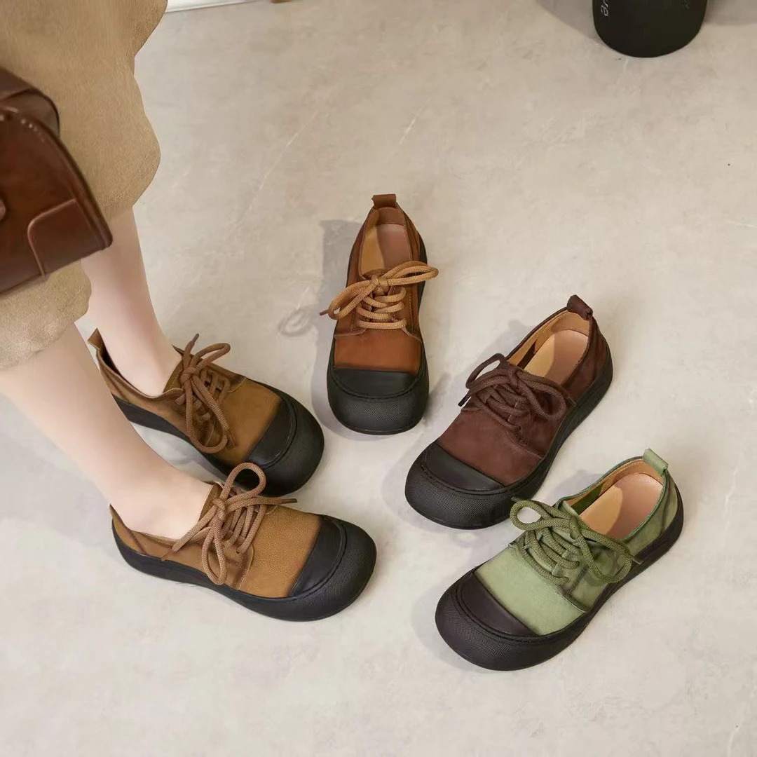26-1137春季新款2026牛皮厚底休闲百搭舒适平底圆头单鞋