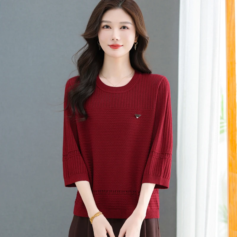 2025早秋新款圆领镂空七分袖上衣女士宽松大码中袖妈妈毛针织衫