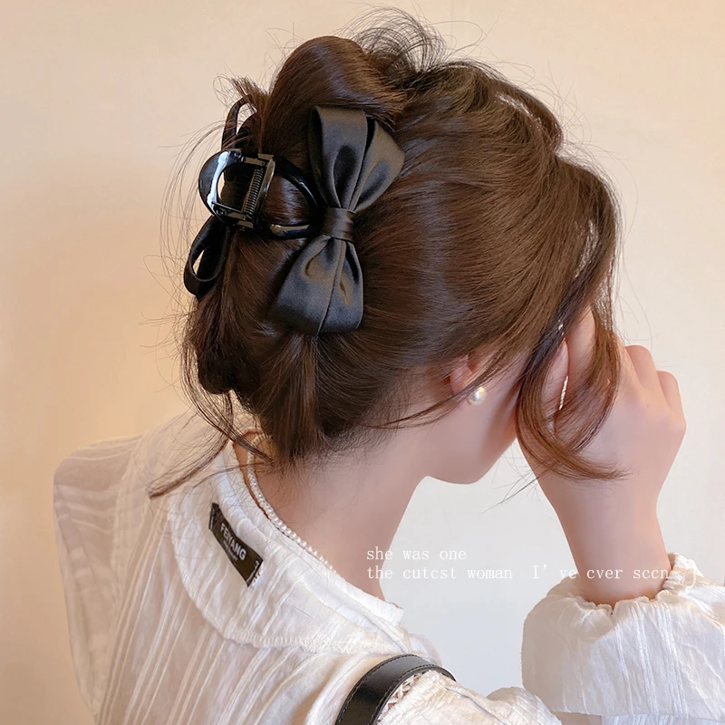 气质优雅黑色布艺立体蝴蝶结马尾中号抓夹发卡后脑勺盘发抓夹发饰