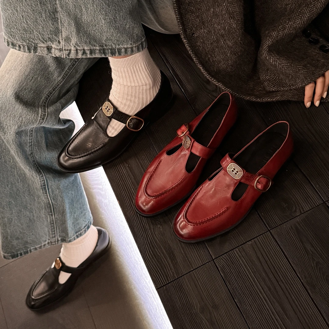 头层牛皮~复古红色玛丽珍真皮单鞋女春秋新款英伦风老钱风小皮鞋