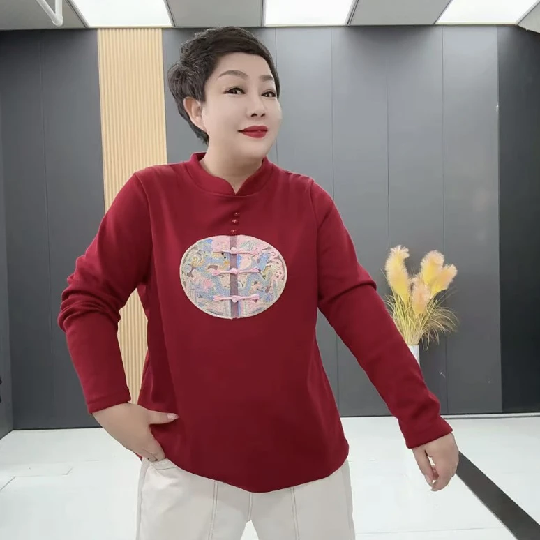 YM8052秋冬新中式立领长袖刺绣盘扣保暖女加绒加厚卫衣