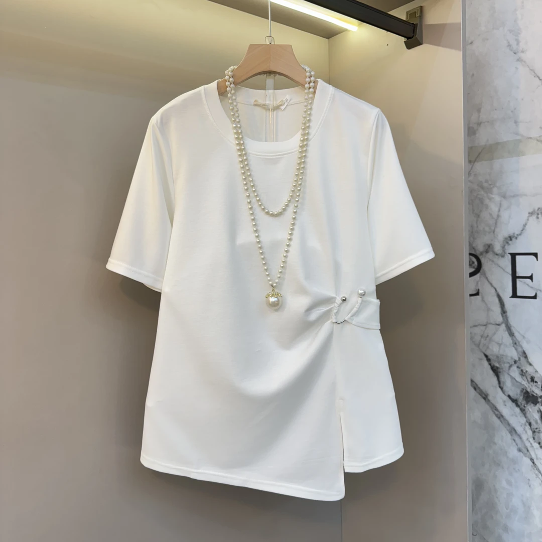 圆领胖妹妹大码女装别致不规则设计感2025新款夏季百搭时尚短袖T