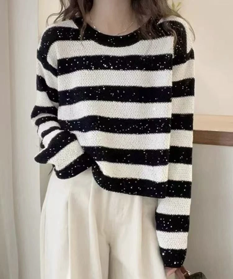 【58612】本#休闲百搭亮片条纹圆领上衣