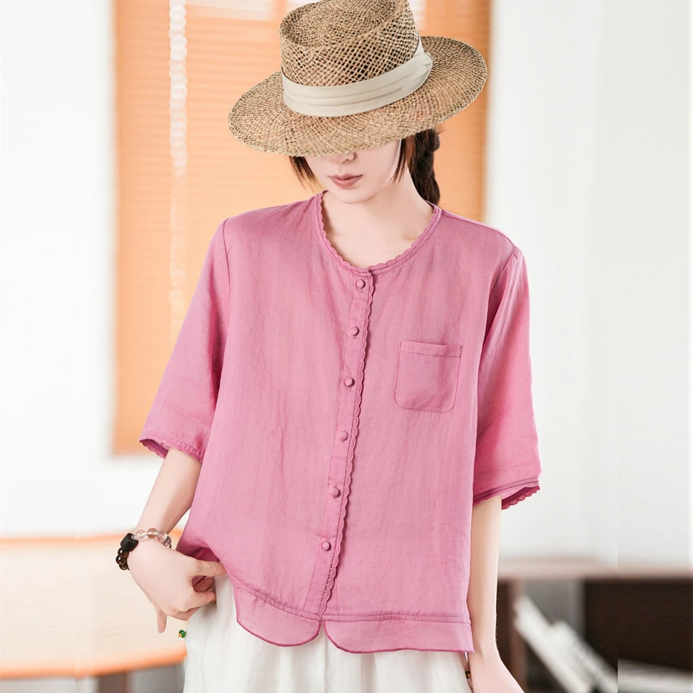 013复古苎麻衬衫女2025夏季新款休闲薄款显瘦文艺麻料小衫上衣
