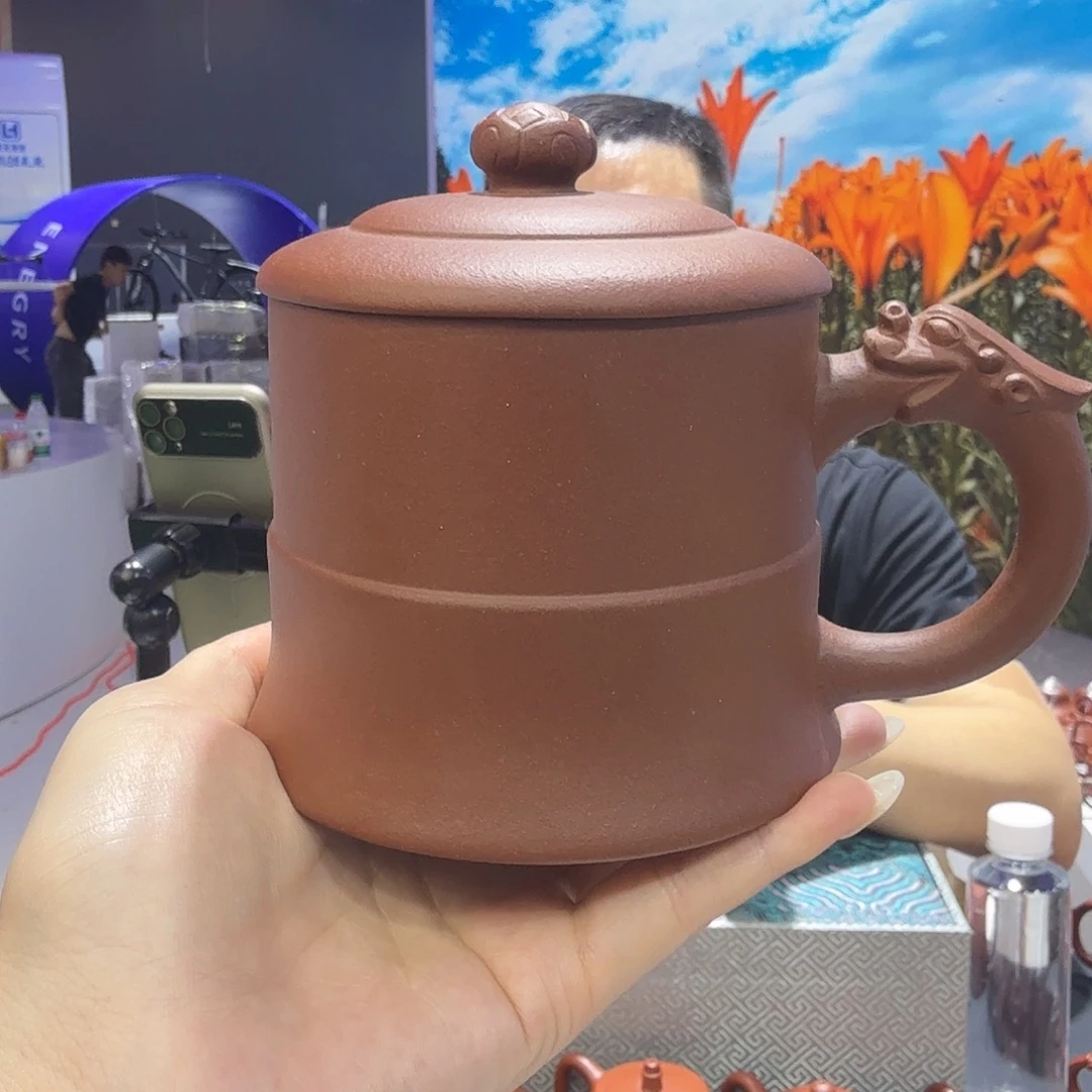 紫砂茶杯红清水翔龙戏珠盖杯！