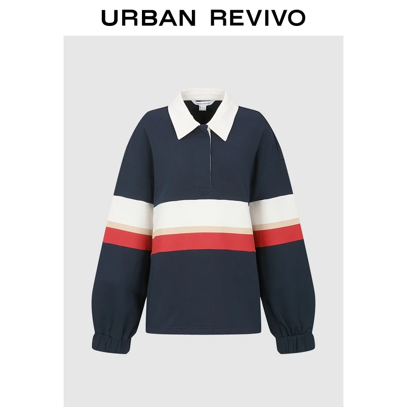 UR2025冬季新款女装休闲撞色翻领条纹半开襟马球衫UYL450306