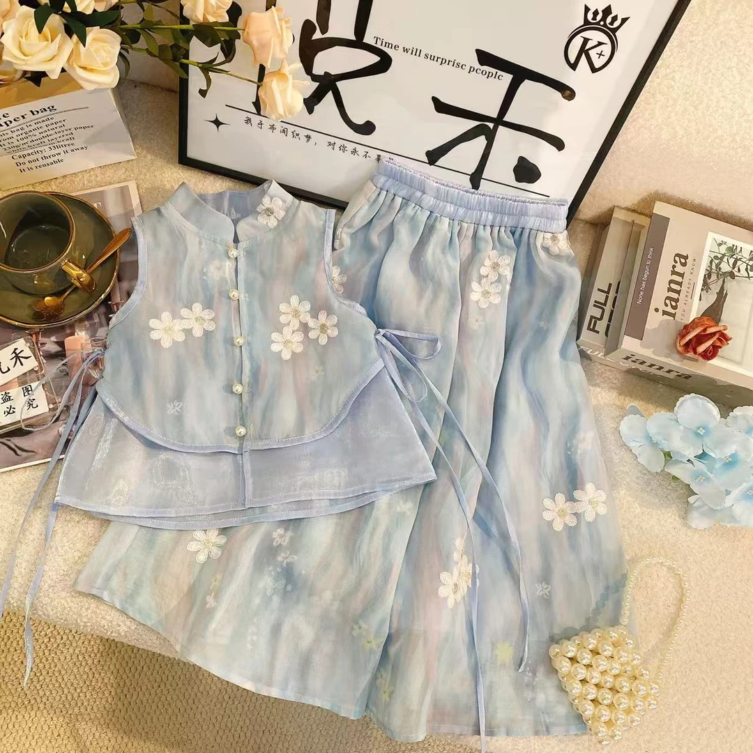 SH女夏季2025新飘逸高级感碎花短袖上衣裙裤洋气刺绣套装8658