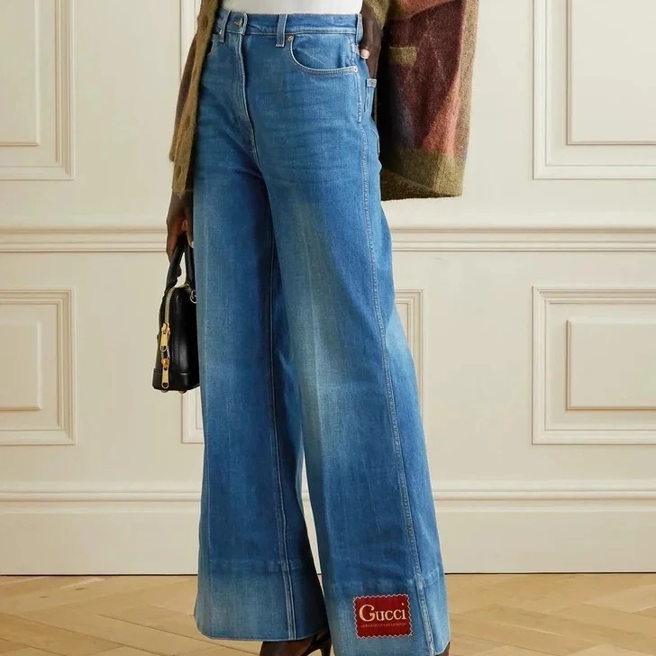 99新 GUCCI/古驰 梅芙 蓝色下摆logo牛仔长裤 25码