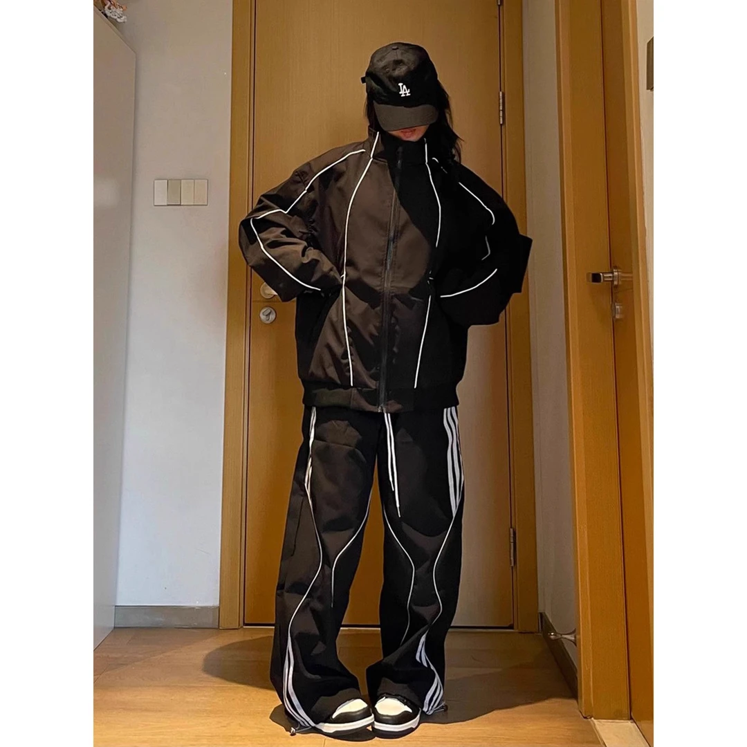 美式潮牌运动服套装女秋冬季立领高街外套冲锋衣休闲直筒裤两件套