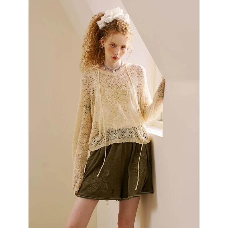 DIDDI MODA 蝴蝶结钩花镂空连帽针织衫 K424