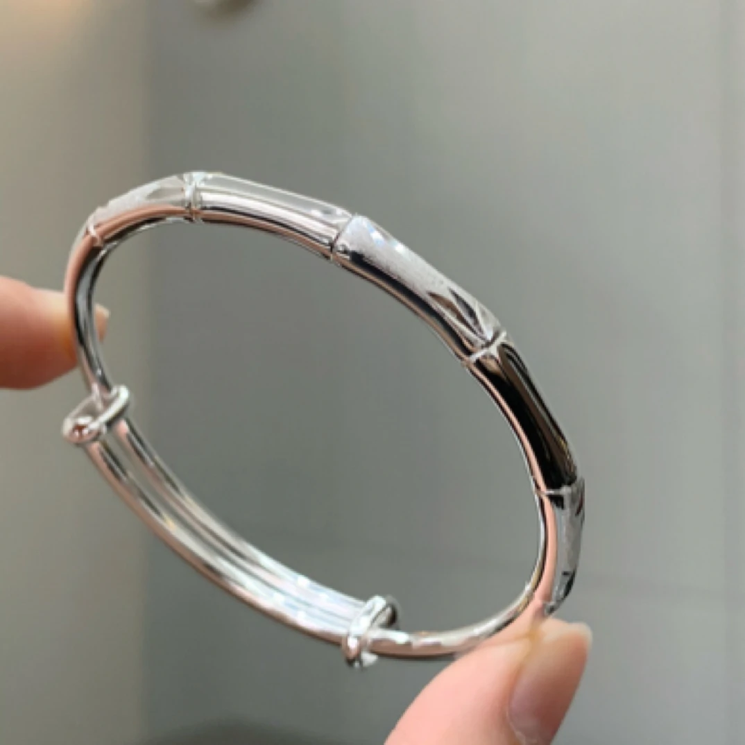 足银手镯 圈口可调节女通用女士亮面女款经典推拉镯实心节节高升