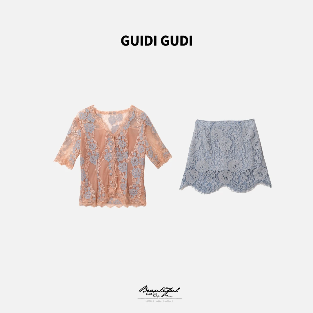 GUIDI GUDI【玫瑰蕾】气质蕾丝重工短袖半裙套装/黄加蓝