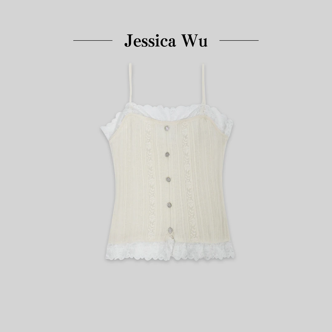 JESSICA WU温柔系穿持必备~时尚百搭简约拼接蕾丝花边羊绒吊带