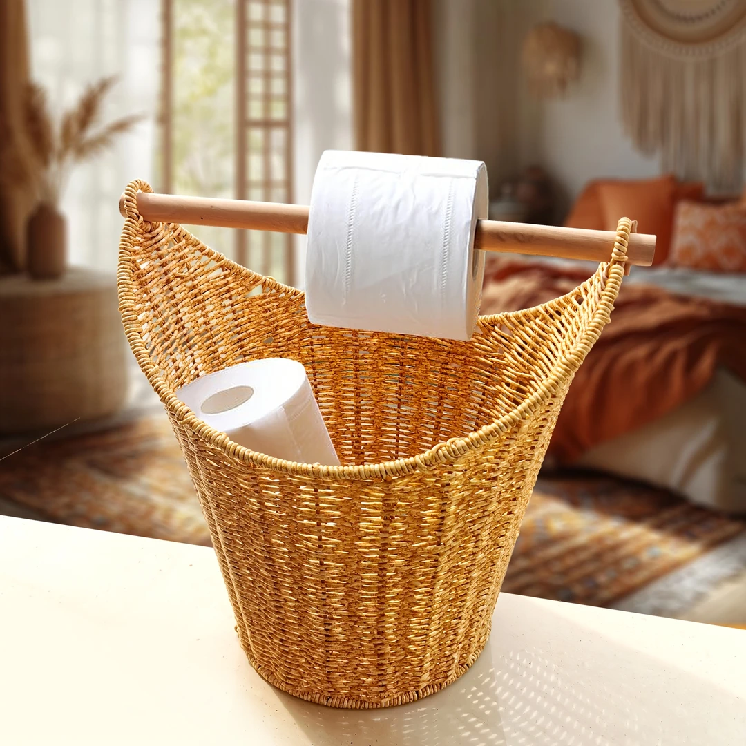 波西米亚风复古纸巾收纳筐浴室脏衣篮仿藤编简约精致收纳筐圆形