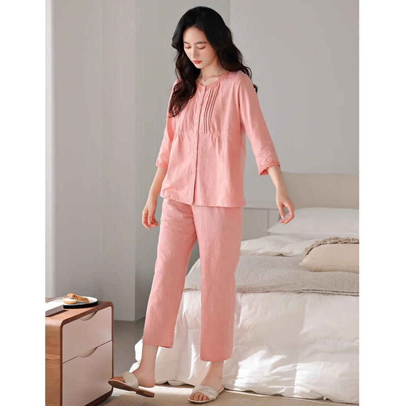睡衣女款爆款2025新款夏季七分袖长裤套装春秋纯棉女士外穿家居服