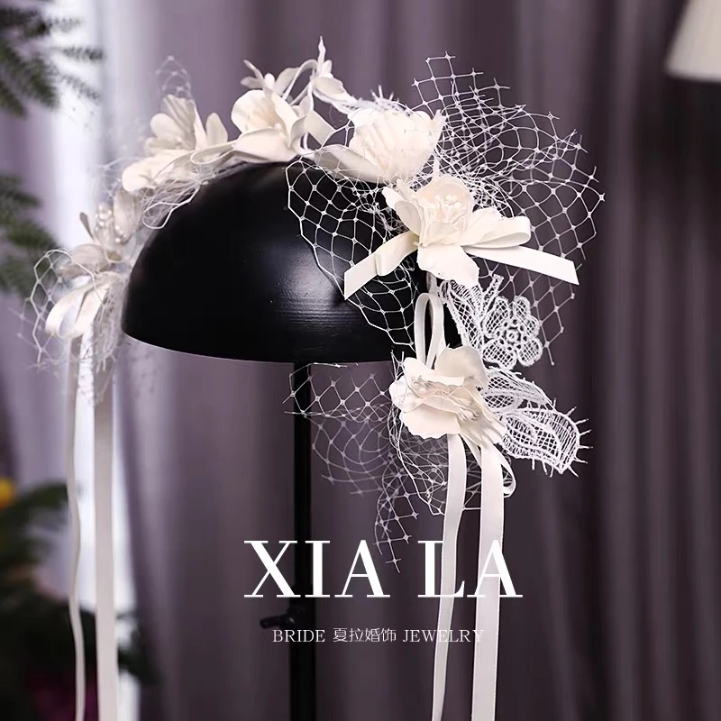 夏拉手作法式蕾丝花朵头饰发饰仙气新娘头花发箍后发饰结婚饰品