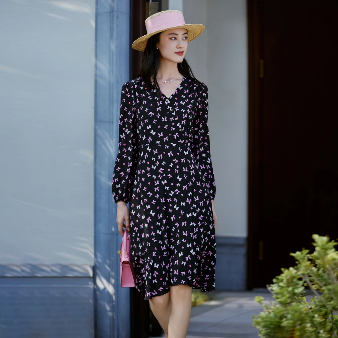 【粉丝专享】歌蒂诗柜新款印花桑蚕丝气质V领收腰连衣裙1E11L3230