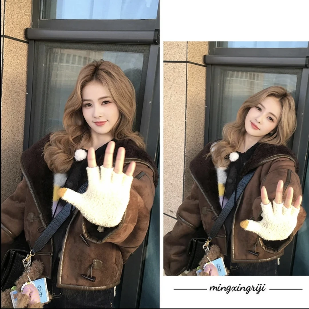 白鹿同款复古美拉德麂皮绒外套女韩范皮毛一体夹克上衣短款