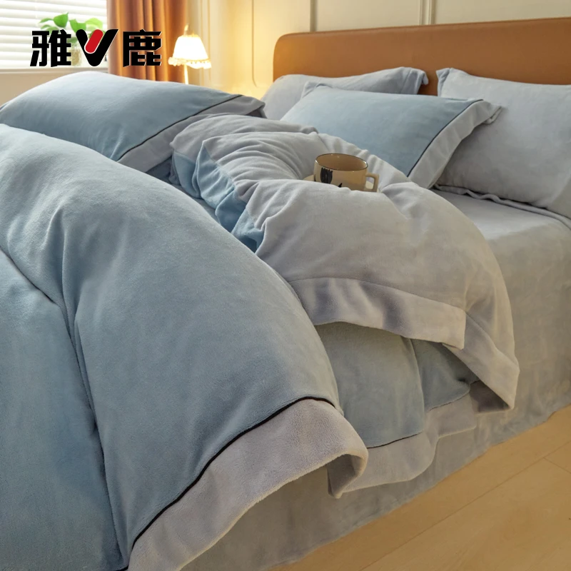 雅鹿牛奶绒四件套加厚双面绒2025款拼色宽边珊瑚绒被套床单三件套