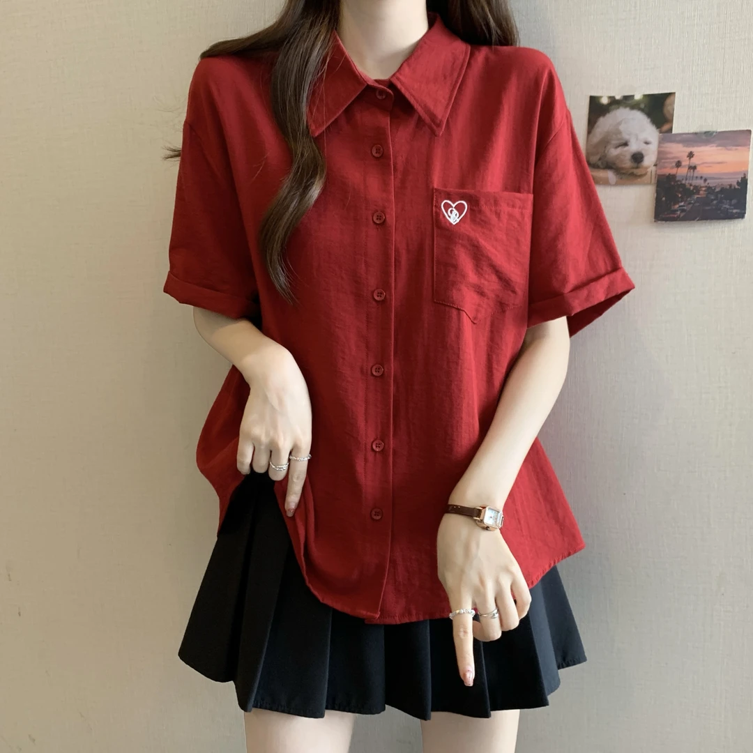 刺绣爱心红色短袖衬衫女夏季新款大码胖mm宽松显瘦polo领正肩上衣