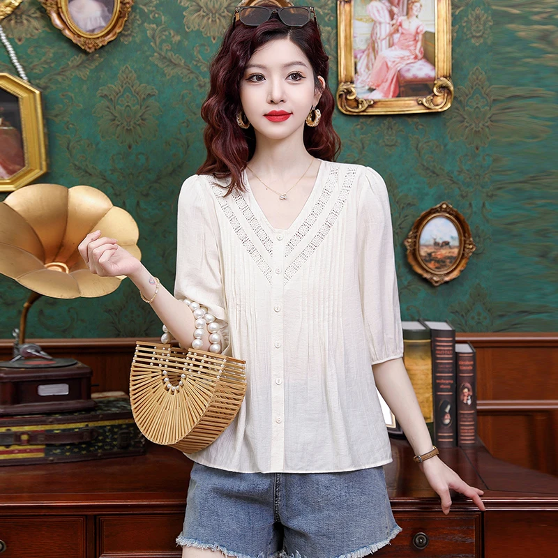 法式v领白色衬衫女士夏季2025新款宽松娃娃衫遮肚子气质短袖上衣
