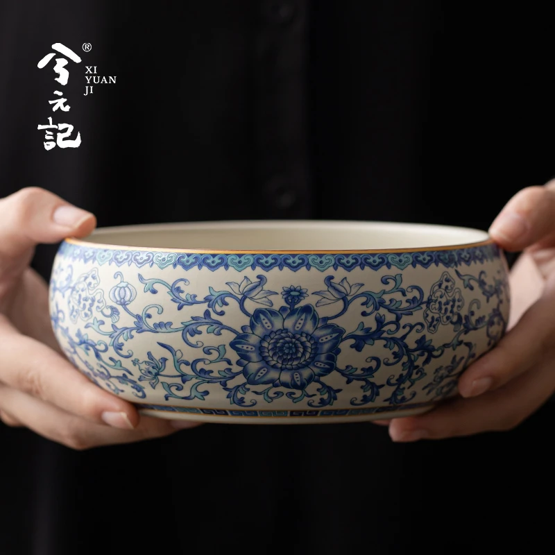 青花汝窑陶瓷大号茶洗家用茶渣缸水盂茶道零配建水茶海功夫茶具