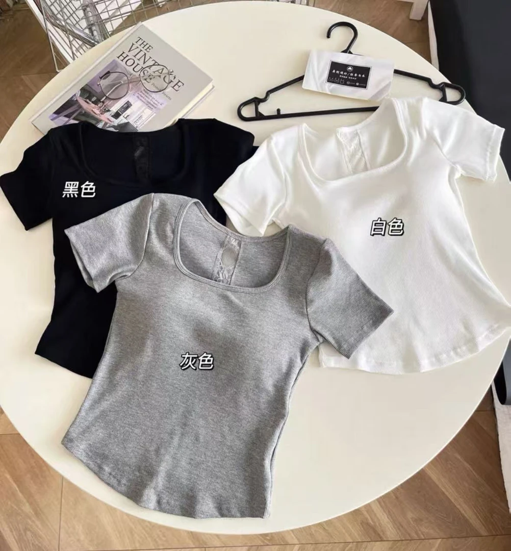 后背蕾丝镂空方领带胸垫百搭修身短袖 2537