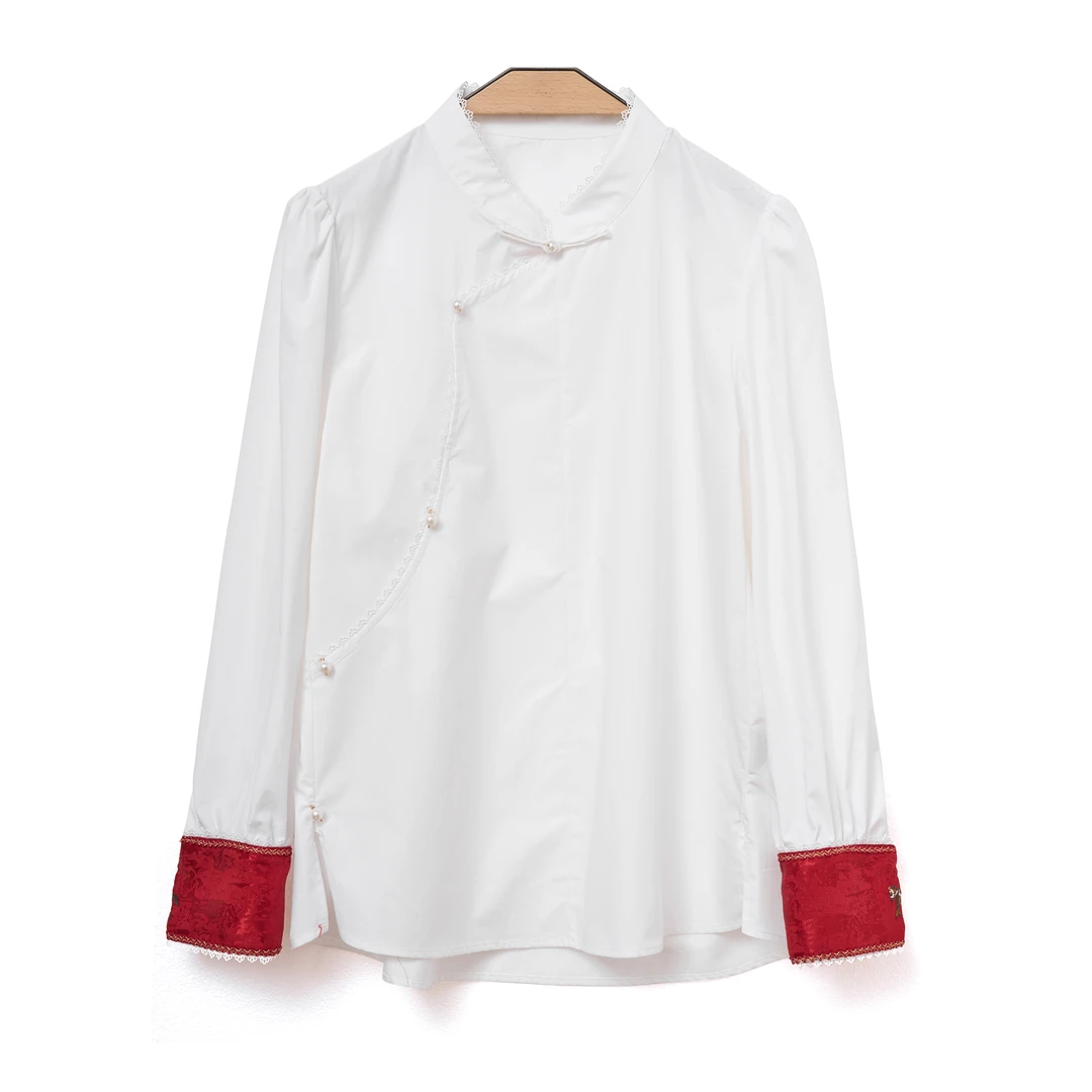 『绮翎Elegany 』许我耀眼新中式中国风袖口斜襟刺绣棉质百搭衬衫