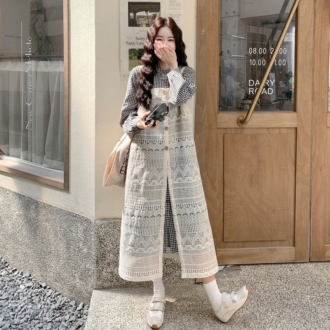 韩系甜美慵懒风减龄百搭女2025秋季新款叠穿衬衫裙吊带裙两件套