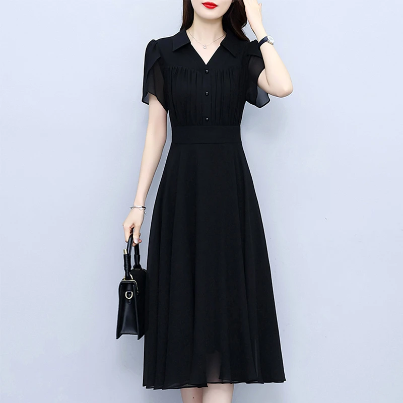 短袖连衣裙2025年夏季新款雪纺大码胖mm收腰显瘦遮肚黑色长裙