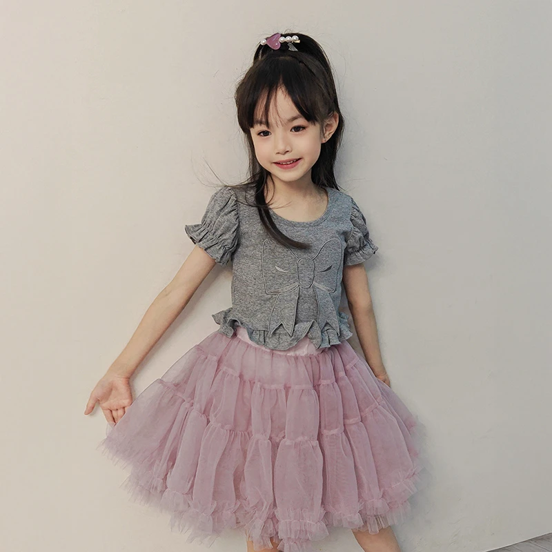 女孩夏装套装2025新款儿童芭蕾风粉色纱裙女童夏季网红时髦半身裙