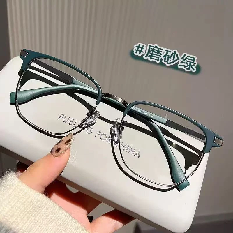 潮牌理工男半框无度数镜框男款平光方框大脸眼镜磨砂绿防蓝光眼镜