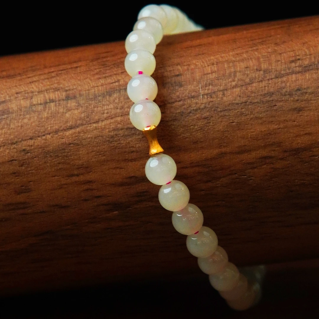 杰我睿天然和田玉5mm冰透藕粉18k竹节手串