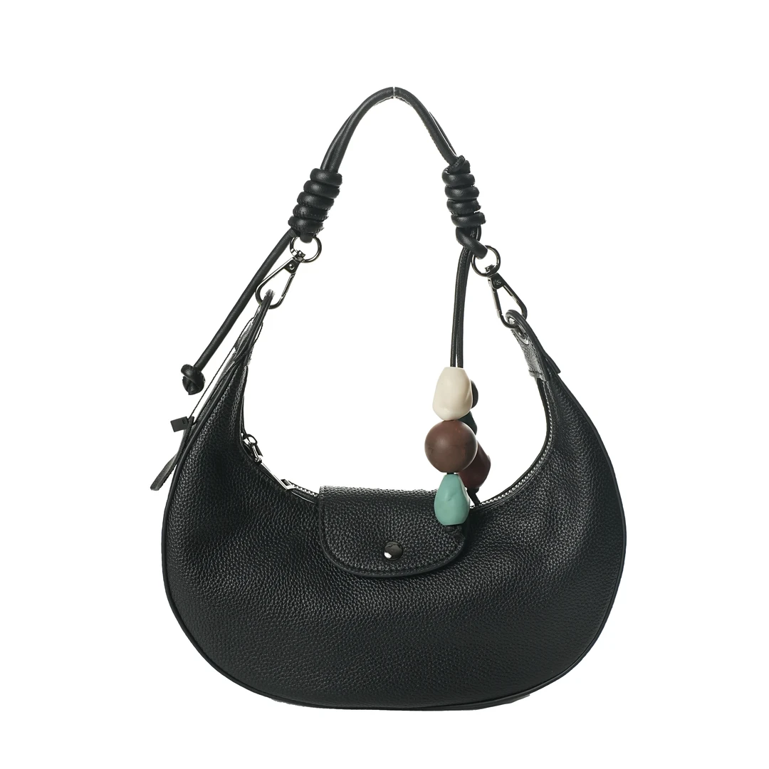 ROGANI褶皱纯色单肩拉链腋下包车缝线休闲风单肩带吊坠斜挎包6695