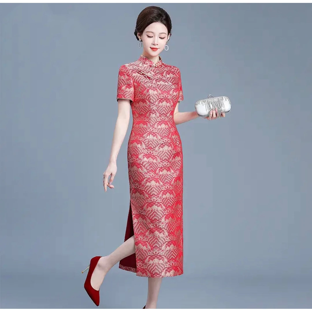 【2025新款】高端妈妈婚礼气质锦缎喜婆婆婚宴装中国风中长款红色