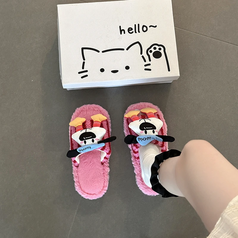 时尚动漫卡通史迪仔条纹一字毛毛拖鞋女2025秋新款外穿防滑棉拖鞋