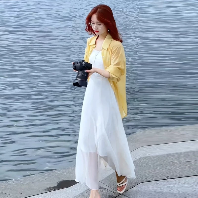 海边度假连衣裙夏季新款冰丝防晒衣衬衫吊带40女装纯欲慵懒风女装