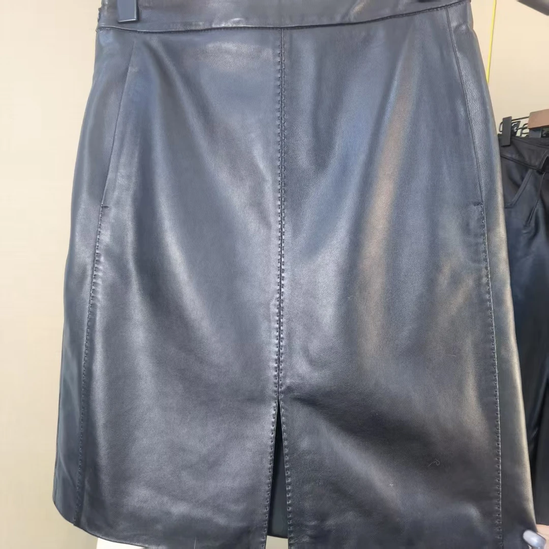 25休闲风短裙植鞣绵羊皮前高腰开叉半身裙时尚百搭气质秋冬显瘦