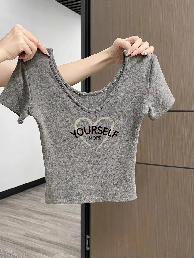 大领口露锁骨夏季前后两穿短袖正肩上衣纯欲短款露脐v领修身T恤女