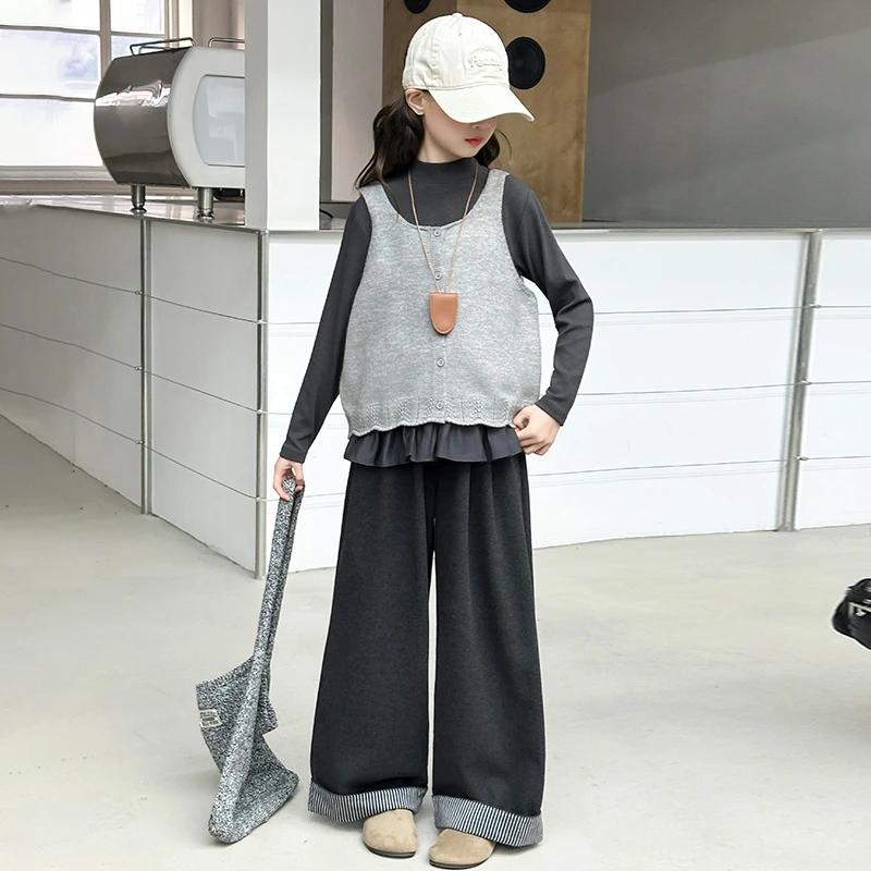 女童超好看马甲套装春秋2025新款女大童韩系穿搭儿童阔腿裤三件套