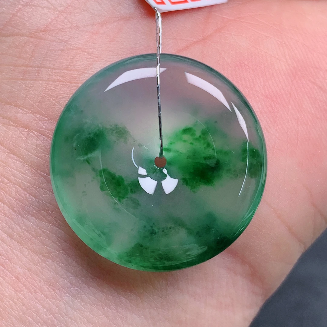 天然缅甸翡翠A货高冰飘花平安扣气质精美尺寸26.1+6  578