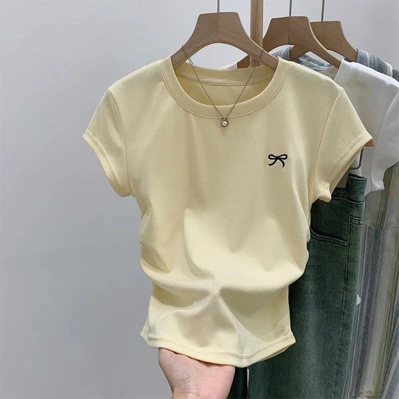 正肩短袖蝴蝶结刺绣收腰圆领时尚气质百搭T恤女2025夏季新款上衣