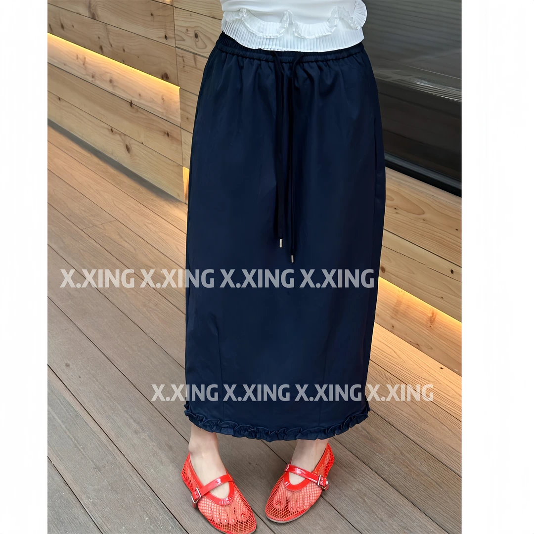 X.x.春季褶皱花边拼接西装裙中长裙气质显瘦a字裙半身裙C31-1039