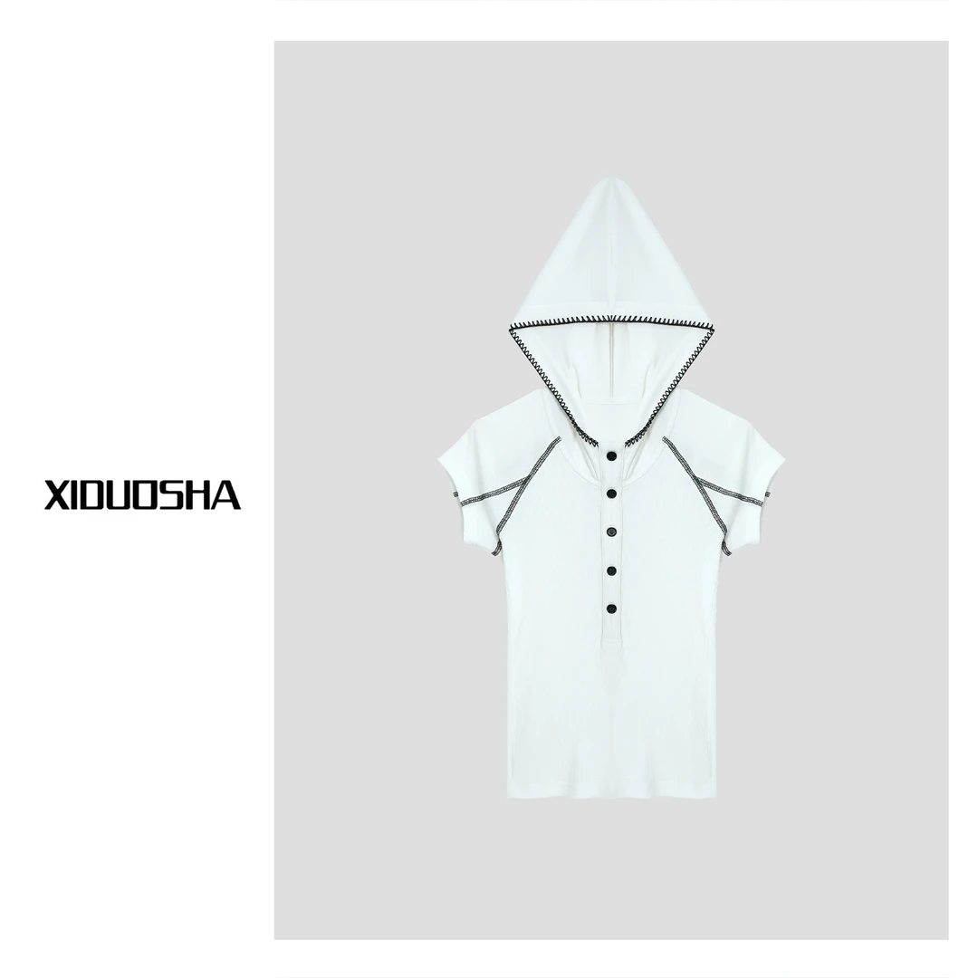 XIDUOSHA/喜朵莎连帽纽扣设计美式风显瘦时尚款短袖上衣XDS1123