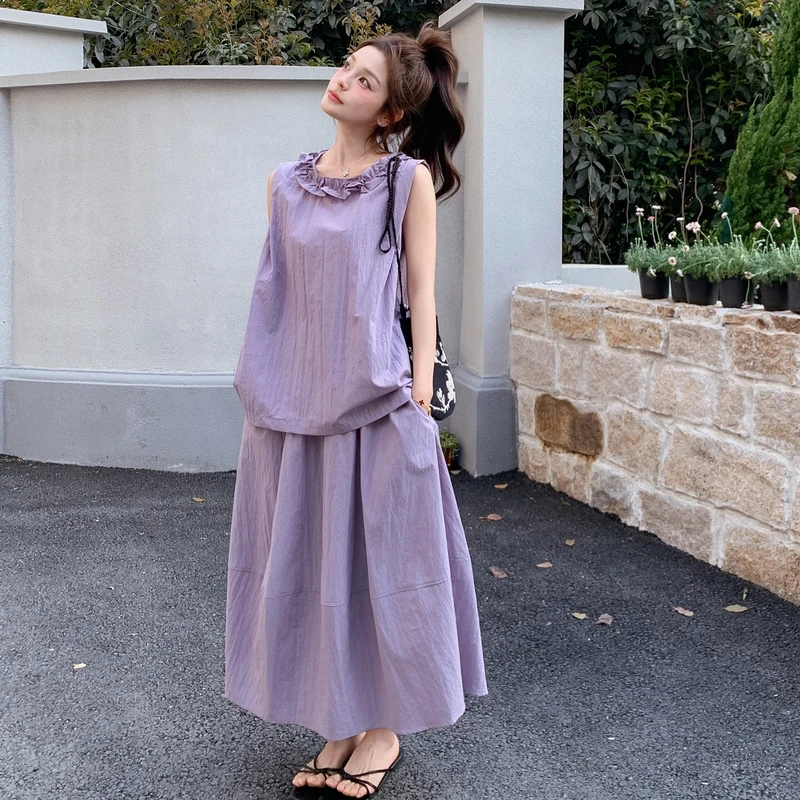 雾紫色法式减龄无袖上衣半身裙两件套女2025夏遮肉显瘦慵懒风套装